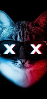 Cool cat with neon glasses, red and blue hues on black background.