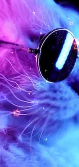 Neon cat wearing sunglasses with blue and pink hues.