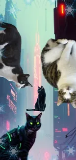 Futuristic wallpaper with neon cats and glowing cityscape.