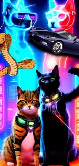 Cyperpunk style wallpaper with neon cats and futuristic elements.