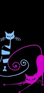 Neon cats in minimalist style on black background for phone wallpaper.