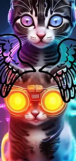 Cyberpunk cats with neon wings and goggles in vibrant colors.