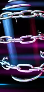 Neon chains wrapped around a blue and red cylinder on a black background.