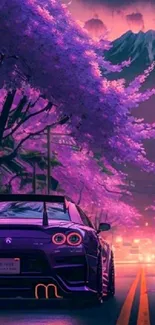 Purple neon cityscape with car and cherry blossoms.