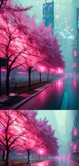 Neon-lit cherry blossom trees on a misty street at night.