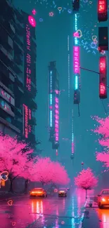 Neon-lit street with cherry blossoms at night.