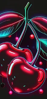 Vibrant neon cherry wallpaper with glowing red cherries and green leaves.