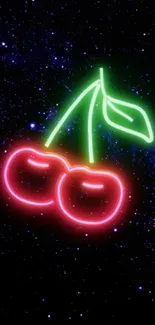 Neon cherry design on a starry space background.