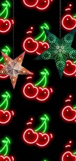 Neon cherries with patterned stars on a black background.