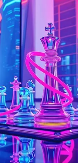 Neon chess pieces with a cyberpunk city backdrop.