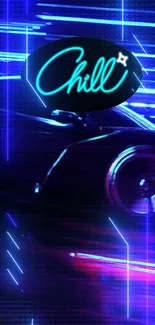 Neon-themed chill sign with a sleek car in the background.