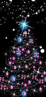 Neon Christmas tree with pink and blue lights on a black background.