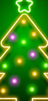 Vibrant neon Christmas tree with colorful lights.