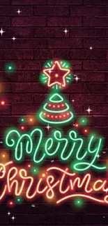 Neon Merry Christmas design on dark brick background with festive lights.