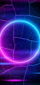 Vibrant neon circle on dark cracked background.