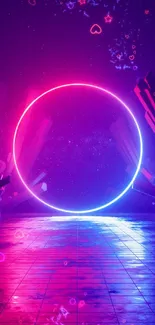 Vibrant neon circle with galaxy backdrop in purple hues.