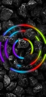 Vibrant neon circles on dark stones, mobile wallpaper.