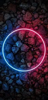 Neon circle on dark rocky background with vibrant glow.