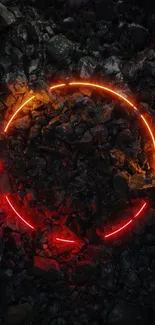 Neon orange ring on dark rocky background wallpaper.