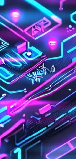 Neon circuit board wallpaper with electric blue and pink hues.