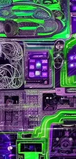 Neon circuit board wallpaper with green and purple hues.