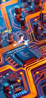 Neon lit circuit board with vibrant colors.
