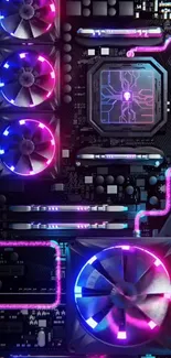 Neon circuit tech wallpaper with glowing fans and cyberpunk elements.