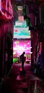 Vibrant neon-lit alleyway in a cityscape.