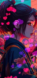 Anime girl in neon-lit city street at night.