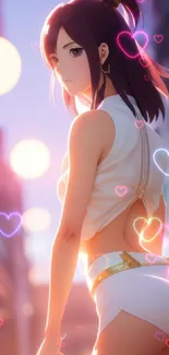 Anime character with neon city lights in the background, creating vibrant visual impact.