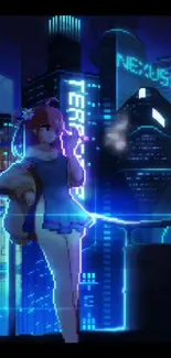 Anime character in neon-lit cityscape at night with vibrant blue hues.