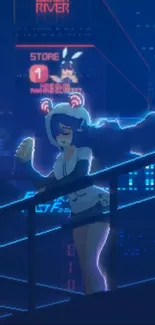 Anime character in neon cityscape with deep blue tones.