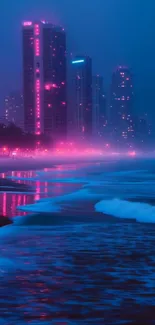 Neon-lit city skyline with waves at night.