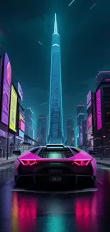 Futuristic cityscape with a sleek car under neon lights at night.