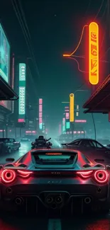 Car under neon lights in a futuristic cityscape at night.