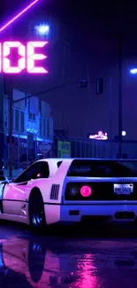 Futuristic neon city scene with vintage car.