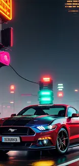 Red sports car in neon-lit city at night, showcasing urban vibrancy.