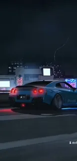 Sleek blue car under neon lights in a cityscape wallpaper.