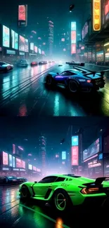 Futuristic neon city car driving at night with vibrant lights.