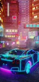 Neon-lit futuristic car in a vibrant urban cityscape wallpaper.