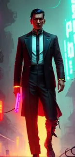 Futuristic warrior in a neon-lit cyberpunk city street.