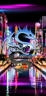 Neon dragon emblem over a vibrant cityscape at night.