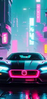 Futuristic sports car in neon-lit city at night.