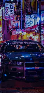 Sleek car under neon city lights at night scene.