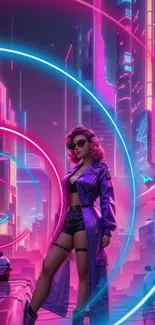 Stylish character in a neon city nightscape with cyberpunk elements.