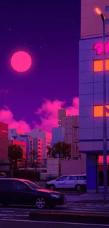 Neon-lit cityscape with magenta moon.