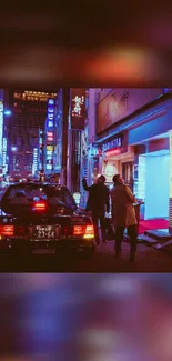 Neon-lit urban night scene with vibrant colors of a bustling city street.