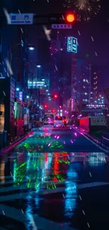 Neon city nightscape with reflections on wet streets.