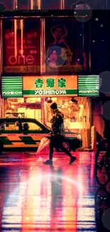 A vibrant neon city nightscape with reflective wet streets and bright signs.