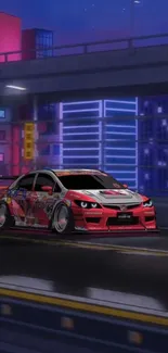 Red racing car speeds through neon-lit city at night.